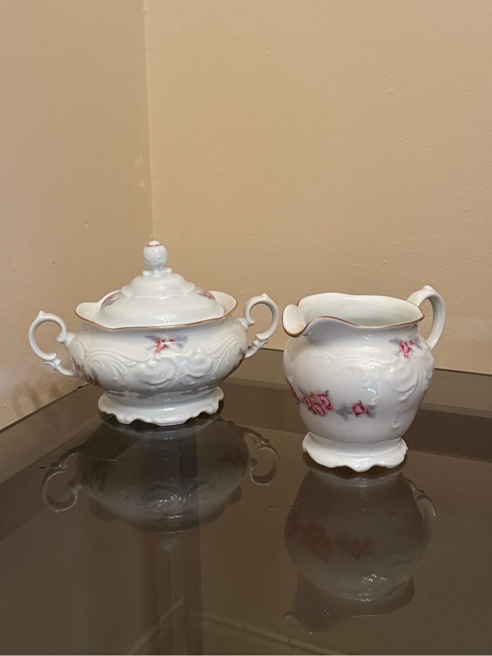 Vintage Floral Porcelain Sugar Bowl and Creamer - White with Pink Roses